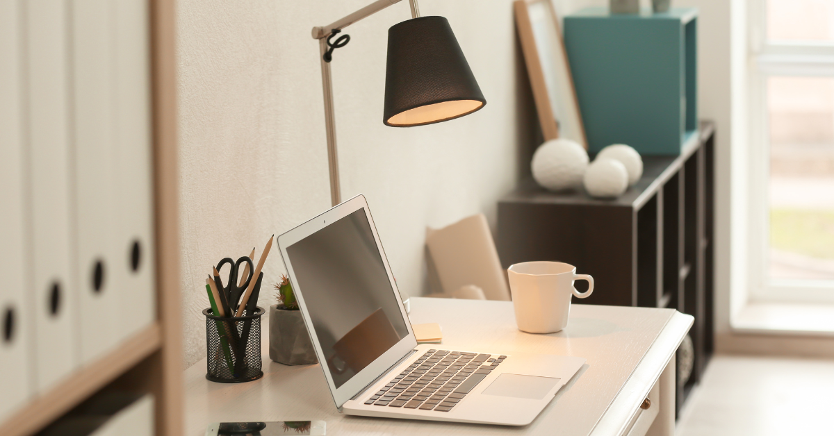 home office desk with lamp