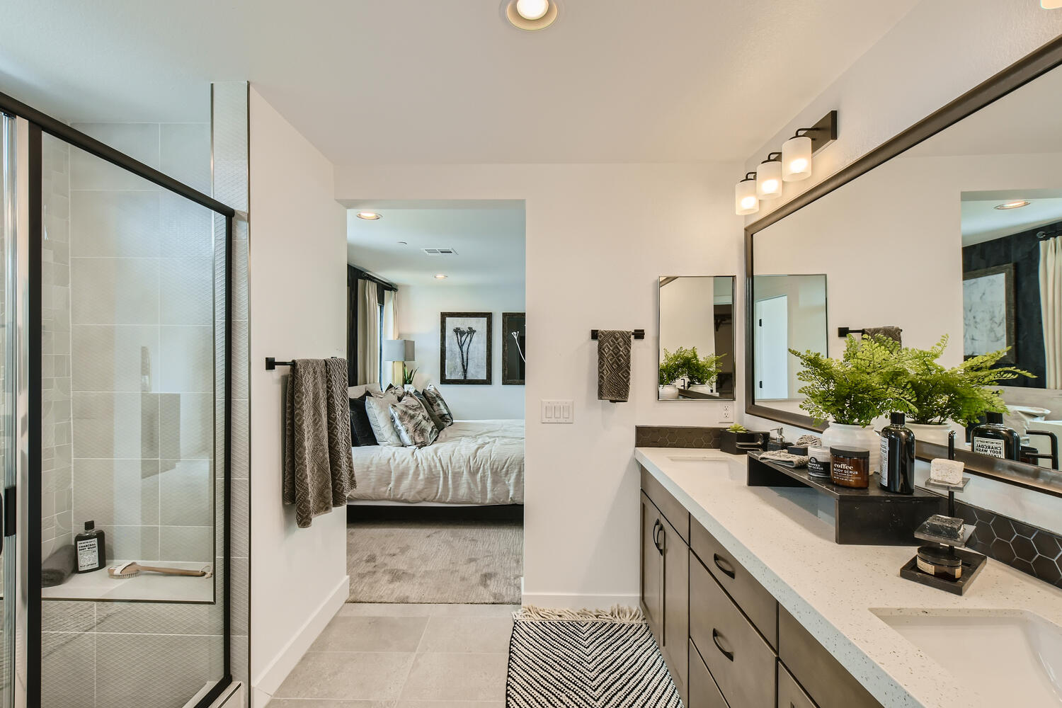 A bathroom with a glass shower.