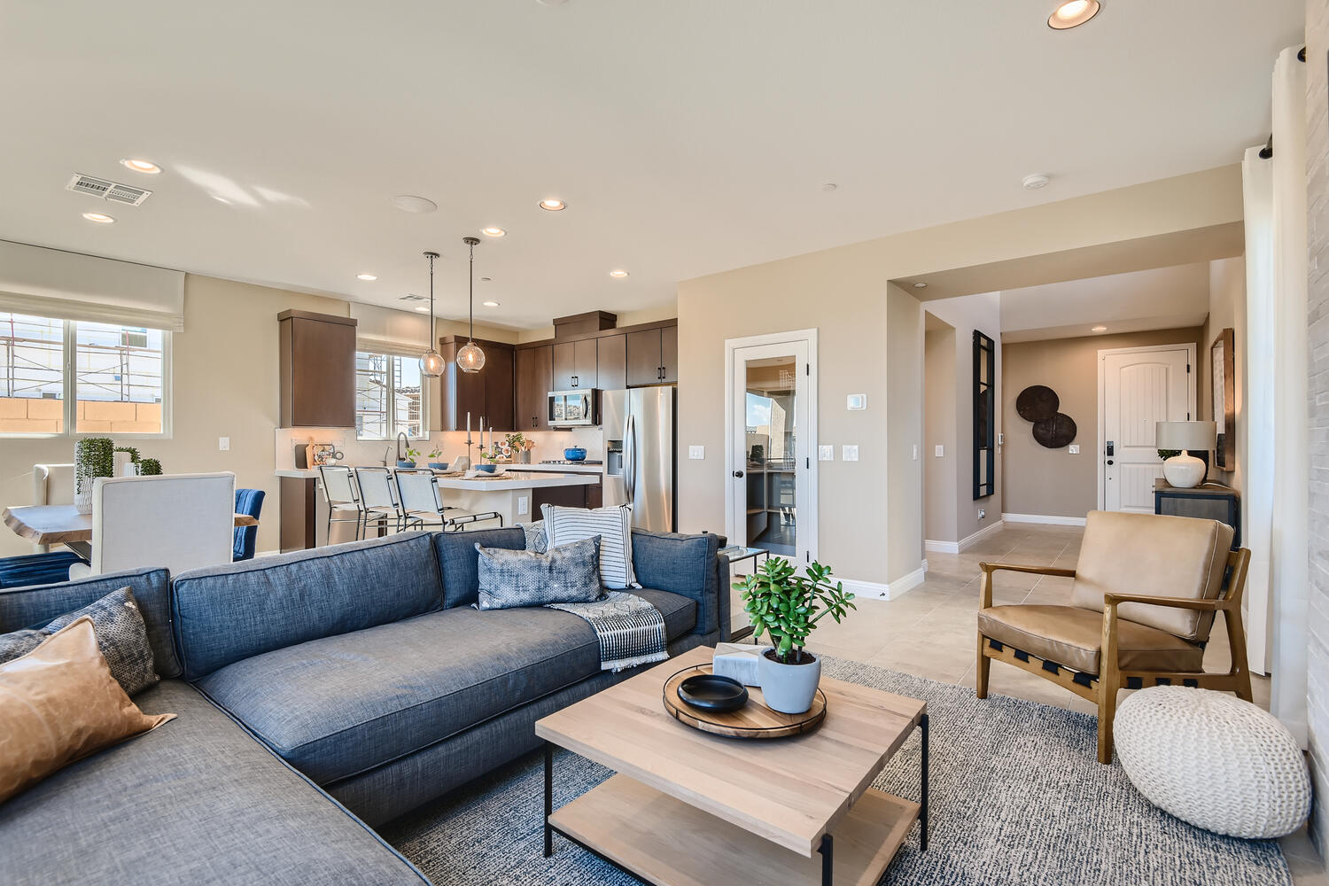 A living room with a couch and a coffee table.