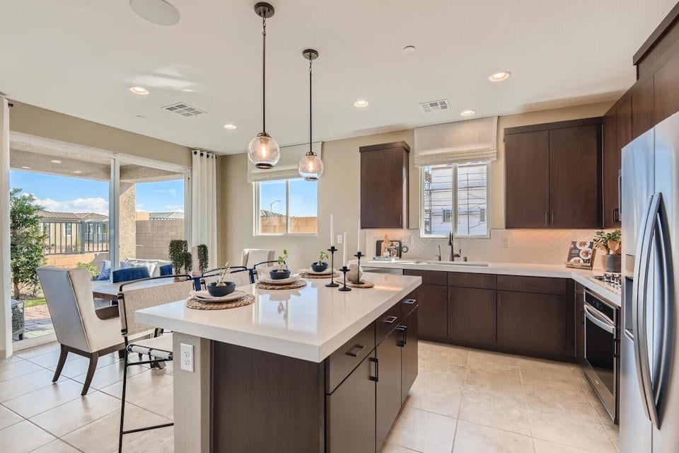 A kitchen with a large island.