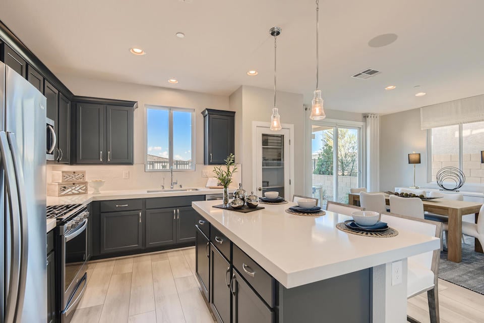 A kitchen with a large island.