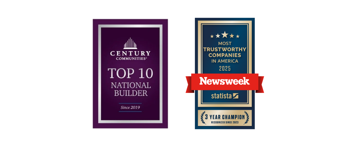 Two badges, the first noting Century Communities as a top 10 builder since 2019, and the second showing Century Communities as one of Newsweek's Most Trustworthy Companies in America for three year running
