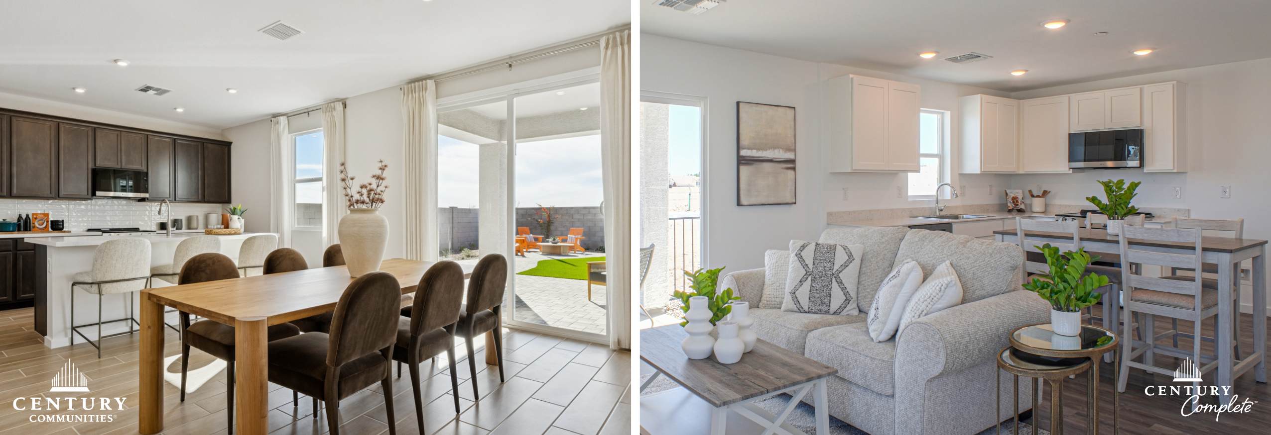 Dual-image collage showing two kitchens from Century Communities and Century Complete