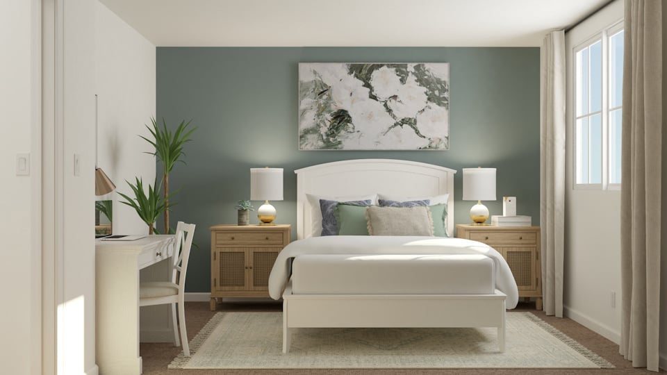 A room with a bed and a chair.