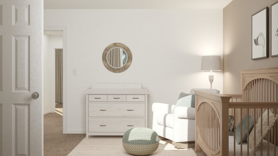 A room with a mirror and a bed.