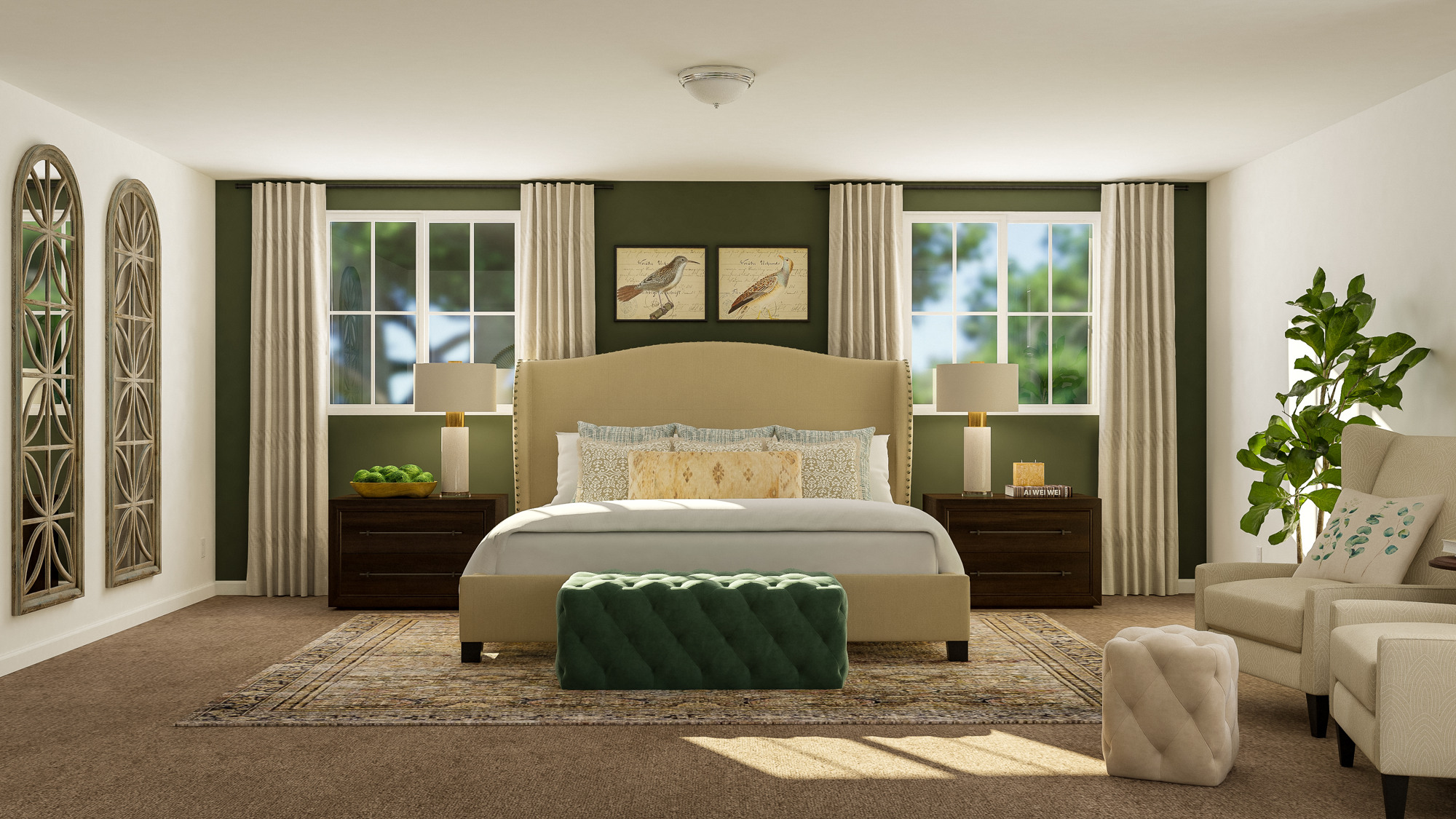 A bedroom with a bed and furniture.