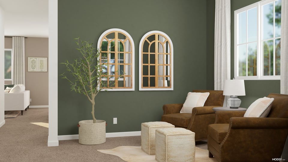 A living room with a green wall.