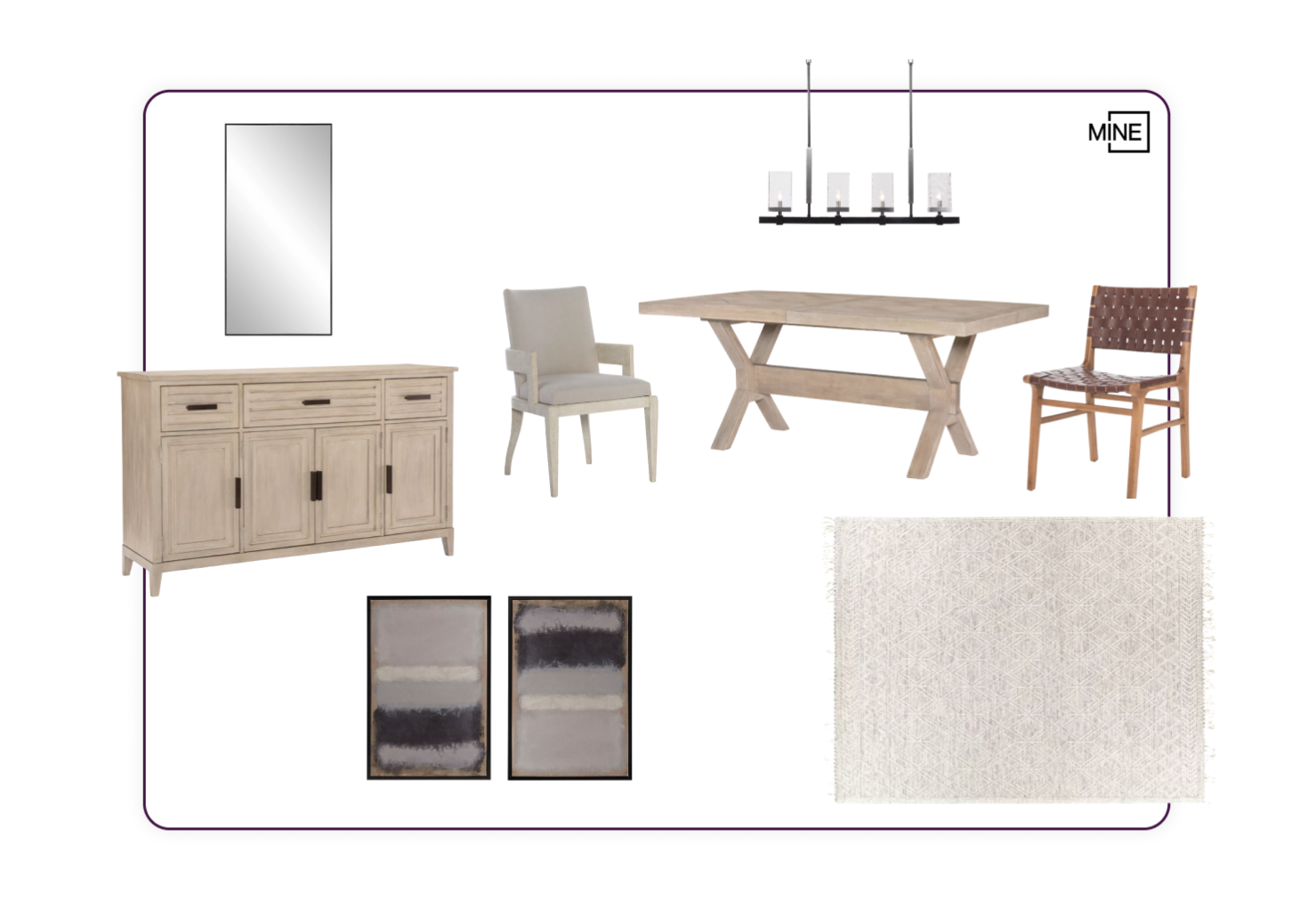 Dining room set collage with a table, pendants, chairs, wall art, cabinets, a mirror, and a rug