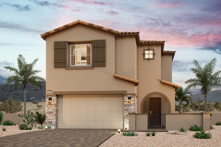 A house with a garage and palm trees.
