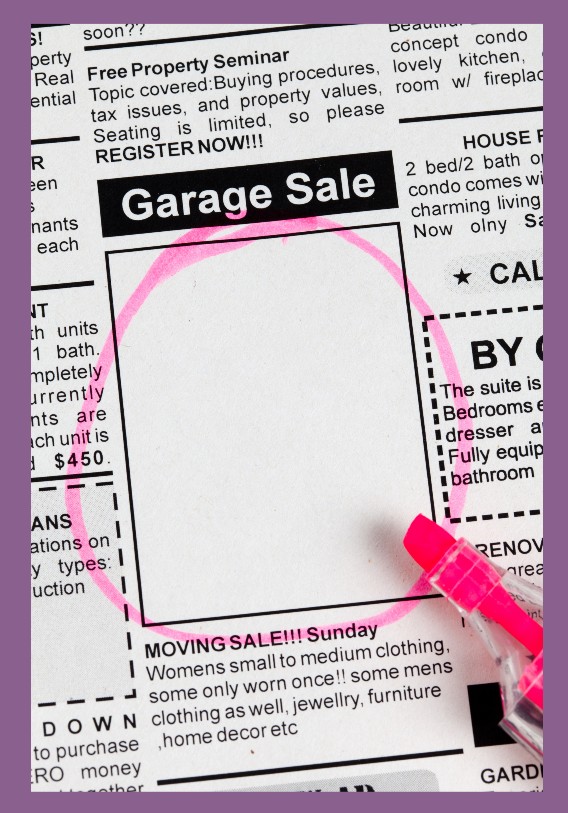Garage sale notice in a local newspaper. 