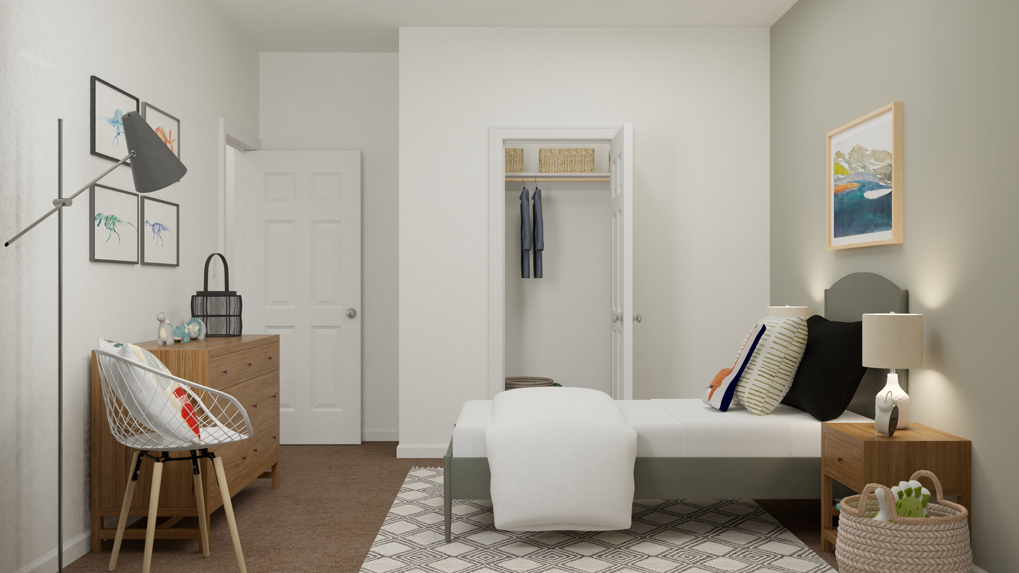 A room with a couch and a table.