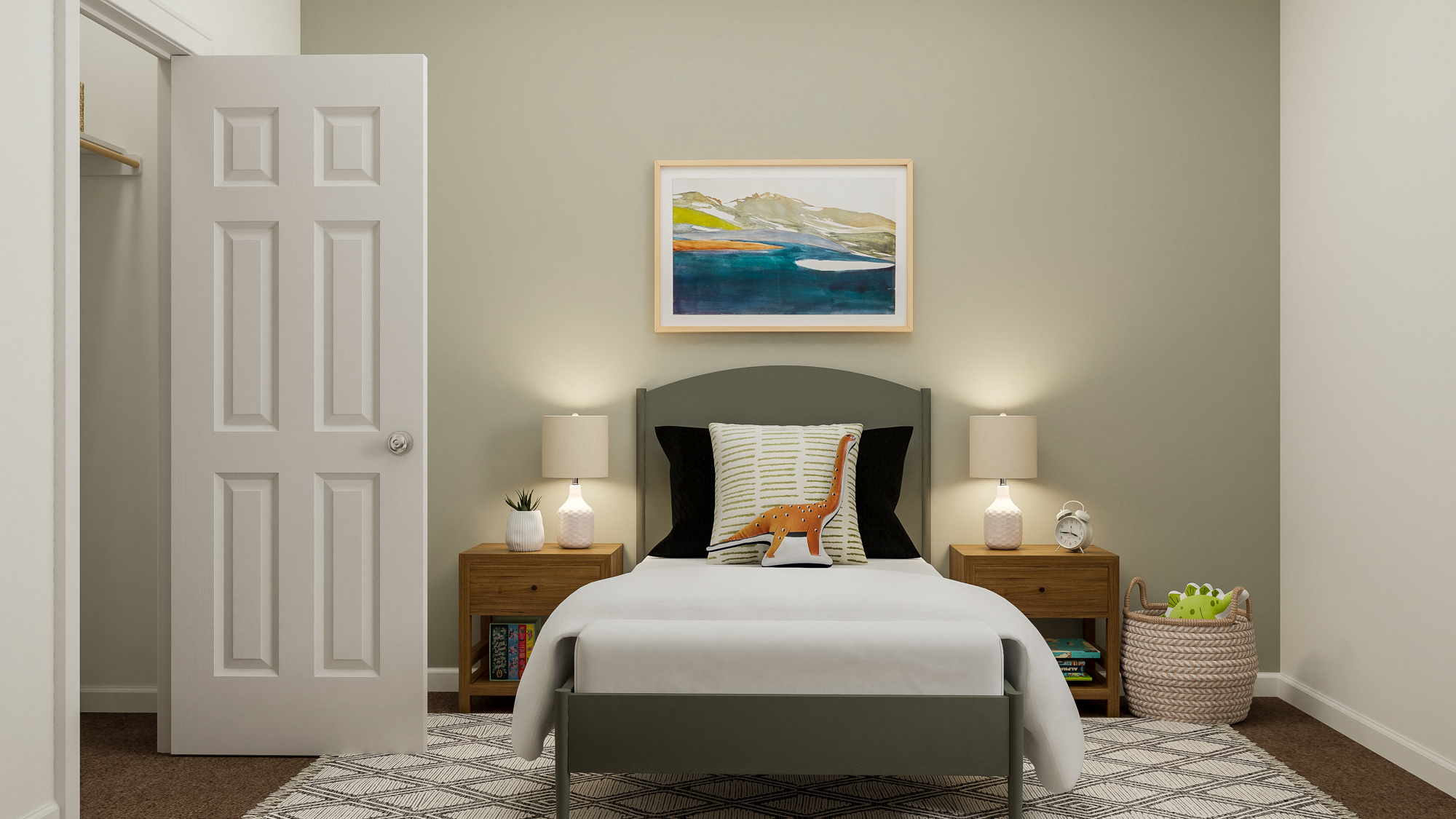 A bedroom with a bed and lamps.