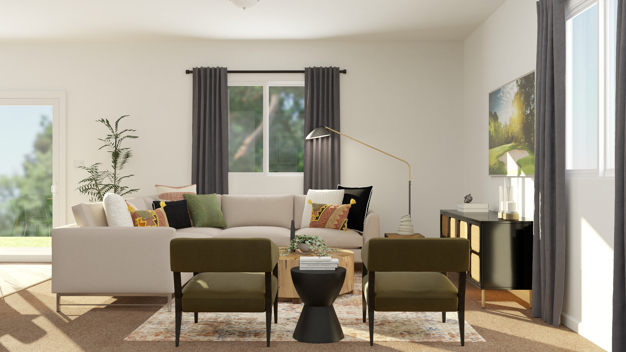 A living room with a couch and chairs.