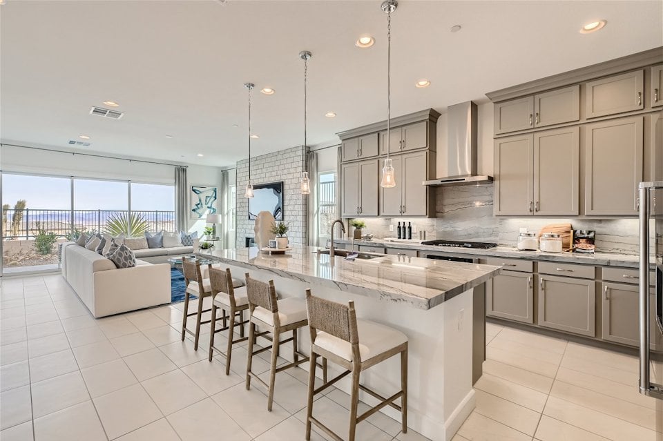A kitchen with a large island.