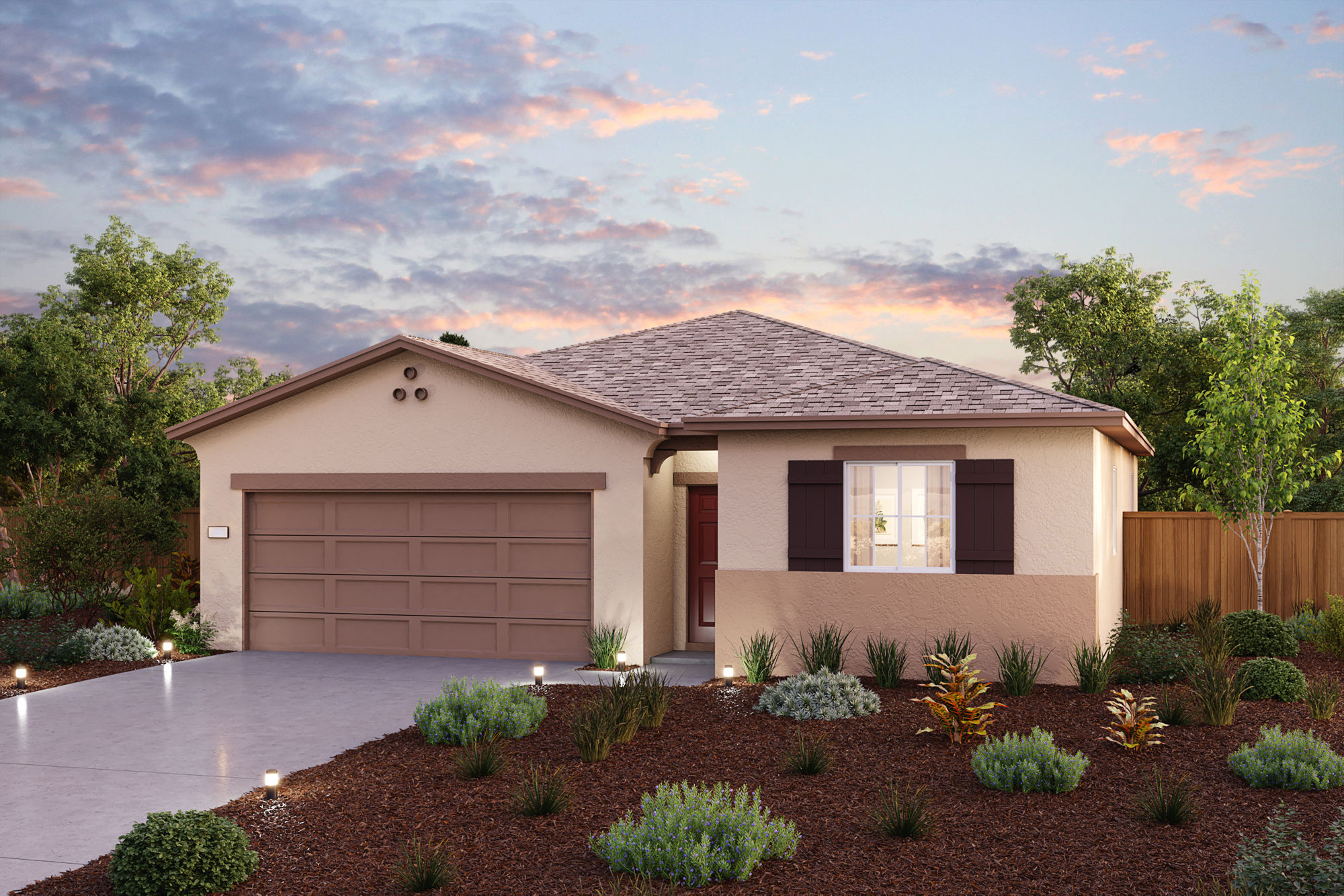 A house with a garage and a pond in the front.