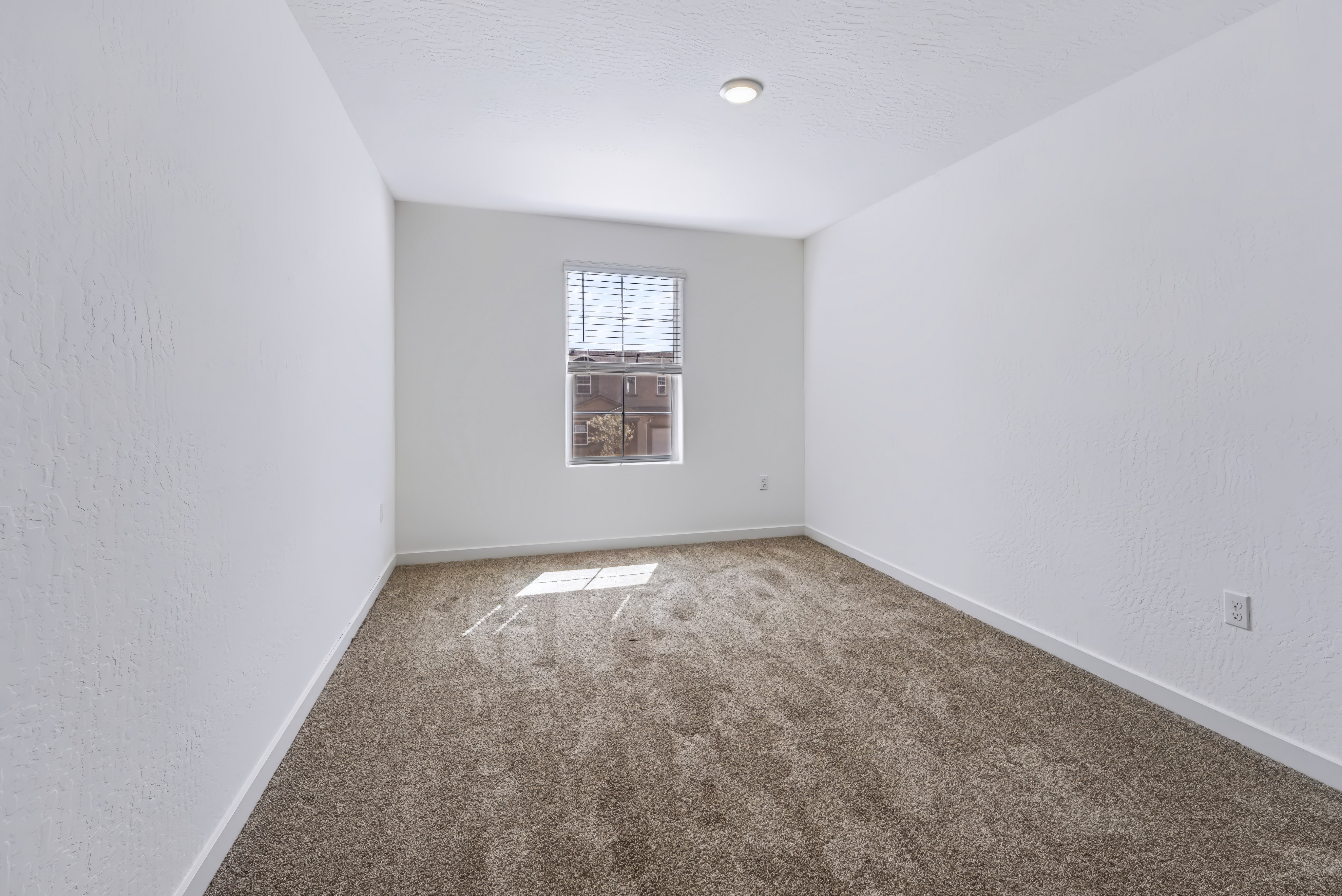 A room with a carpet and a window.