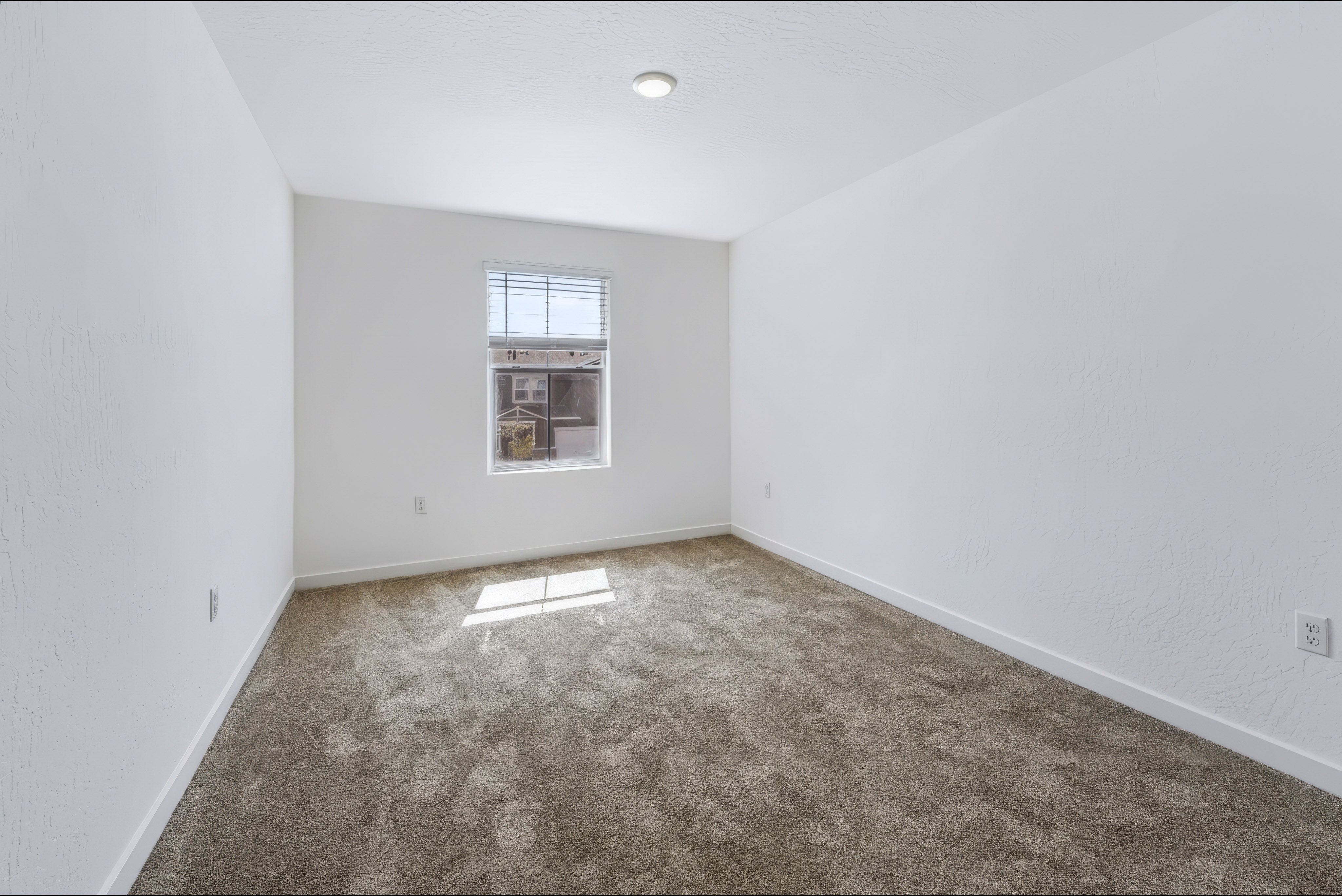 A room with a carpet and a window.