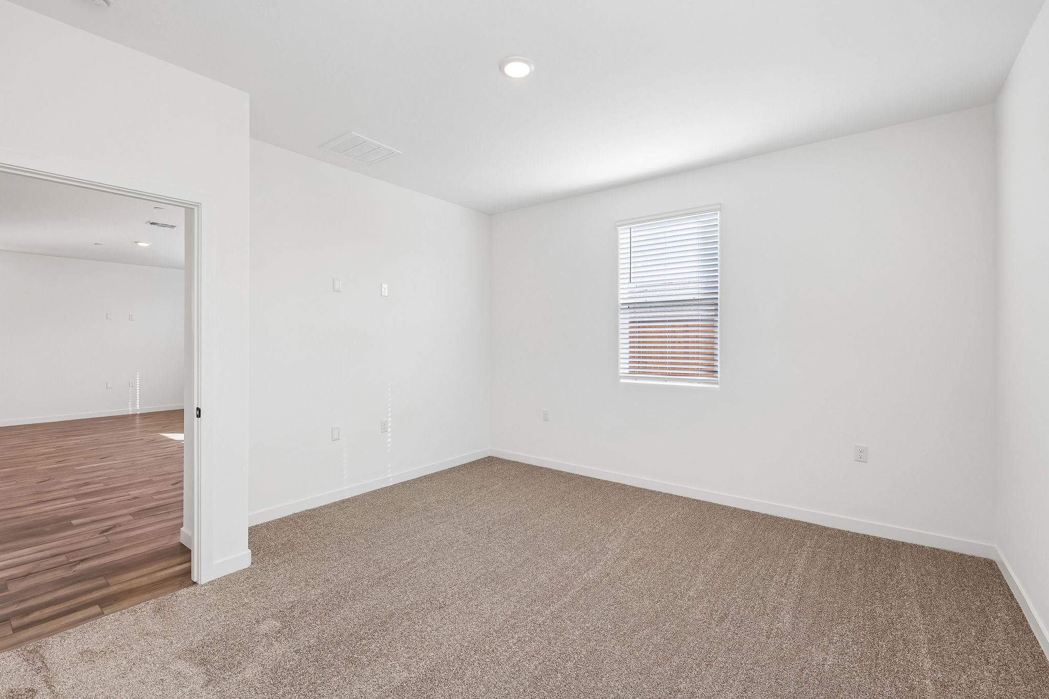 A room with a window and a rug.