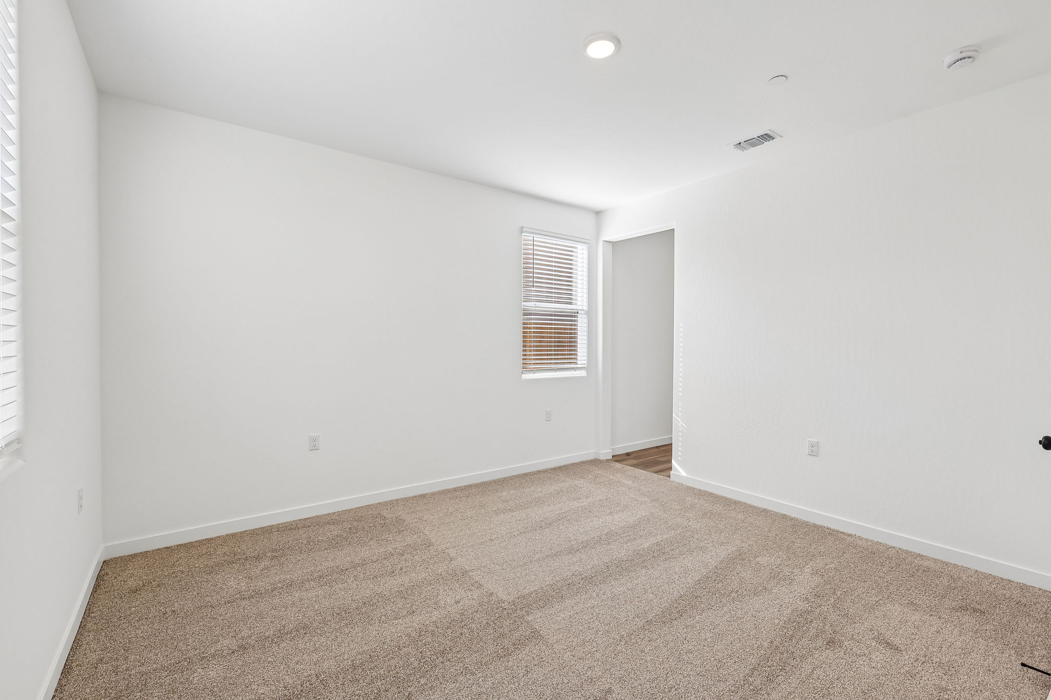 A room with a carpet and a door.