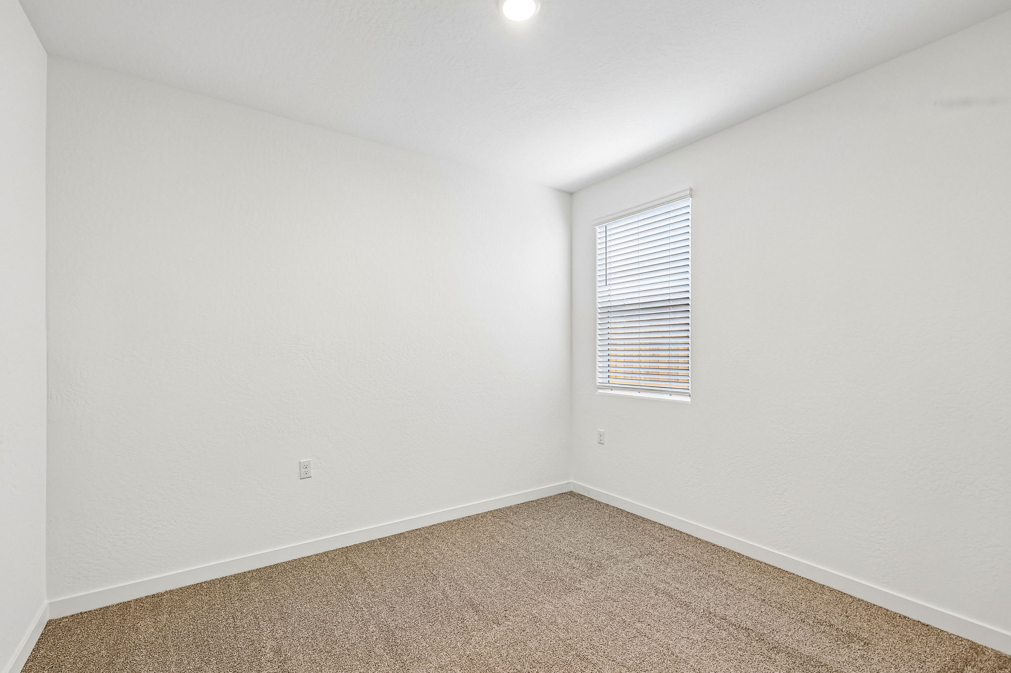 A room with a window and carpet.