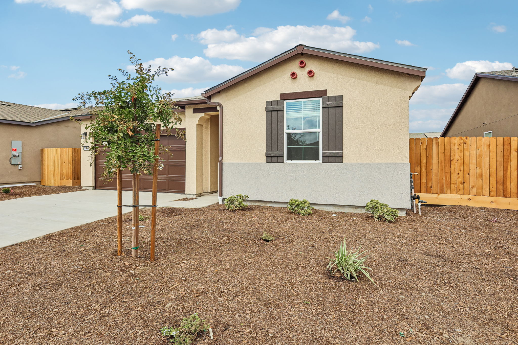 A house with a tree in the front yard.