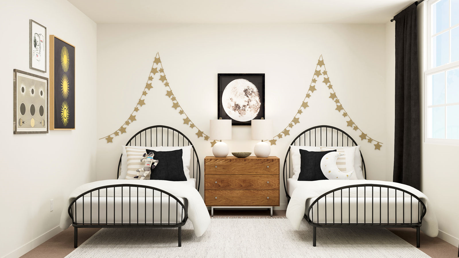 A room with a bed and a bench.