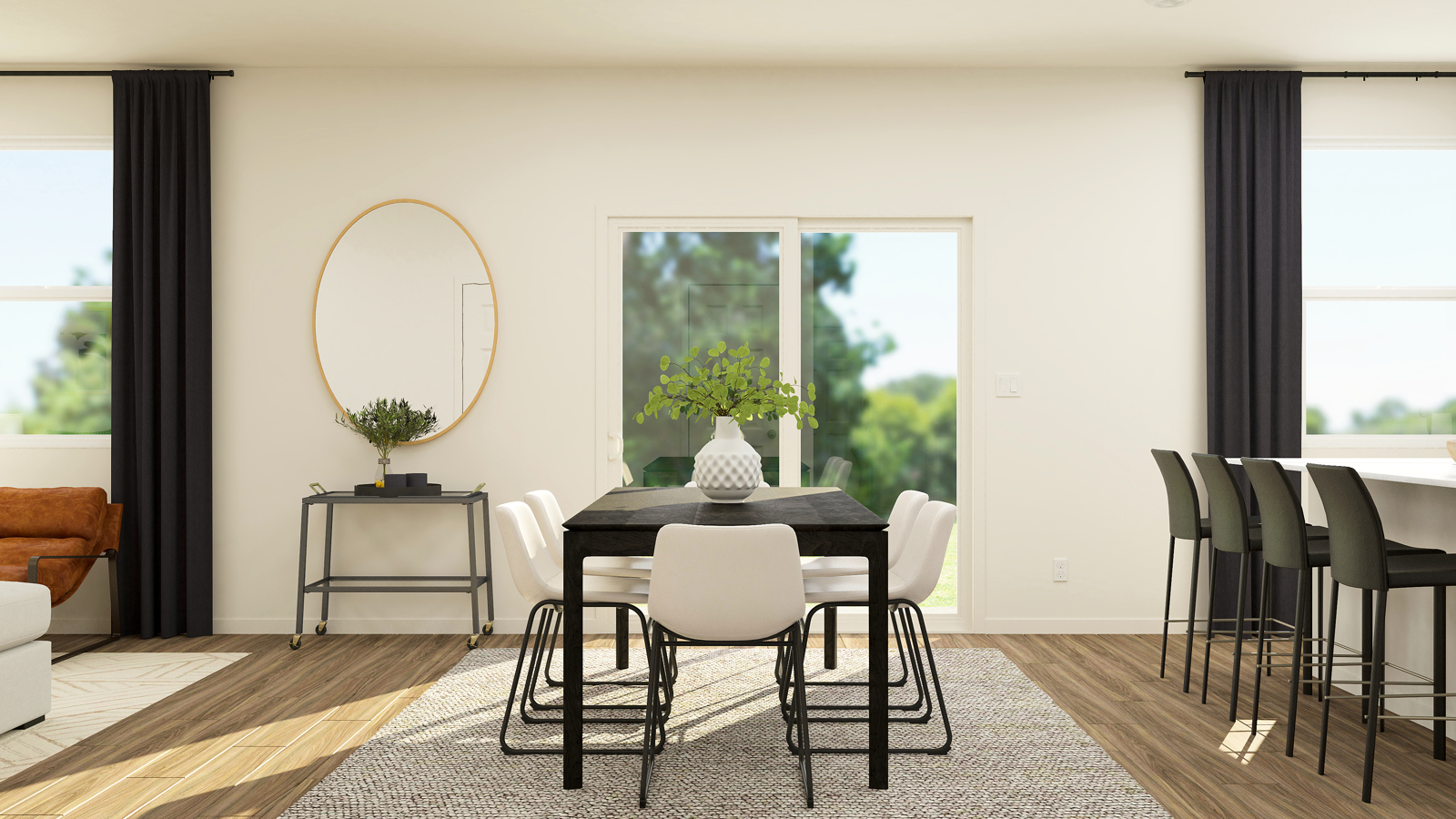 A room with a table and chairs.