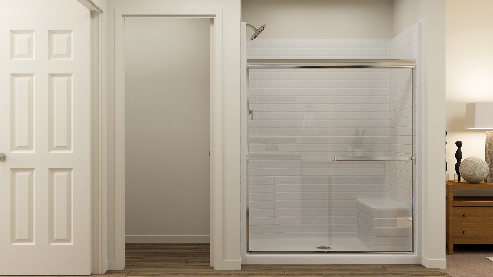 A white door with a glass window.