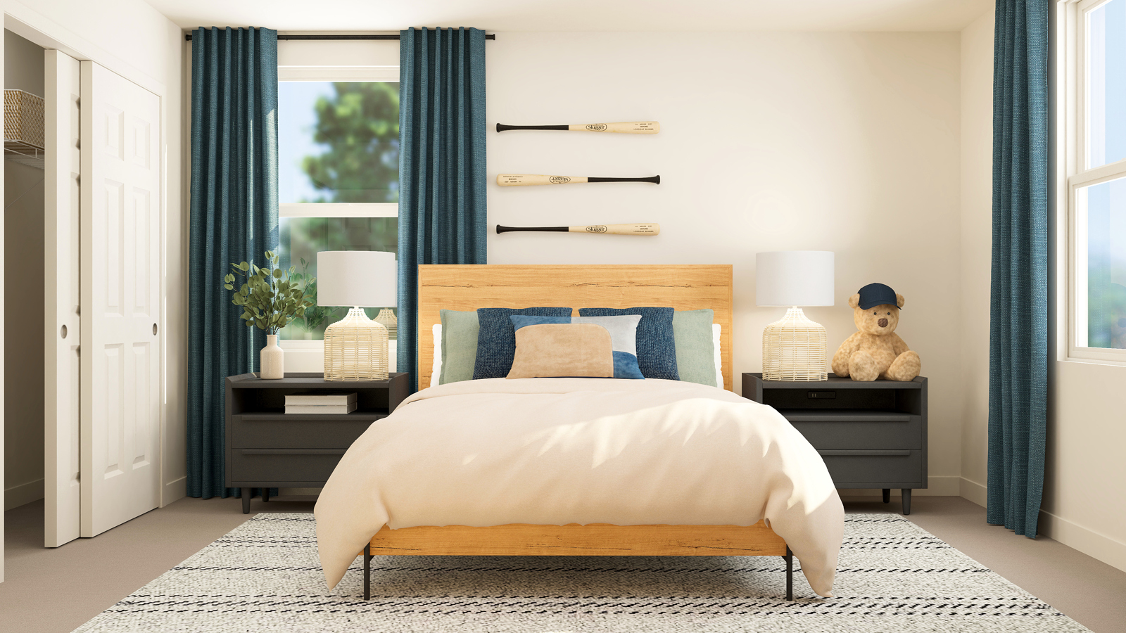 A bedroom with a bed and a lamp.