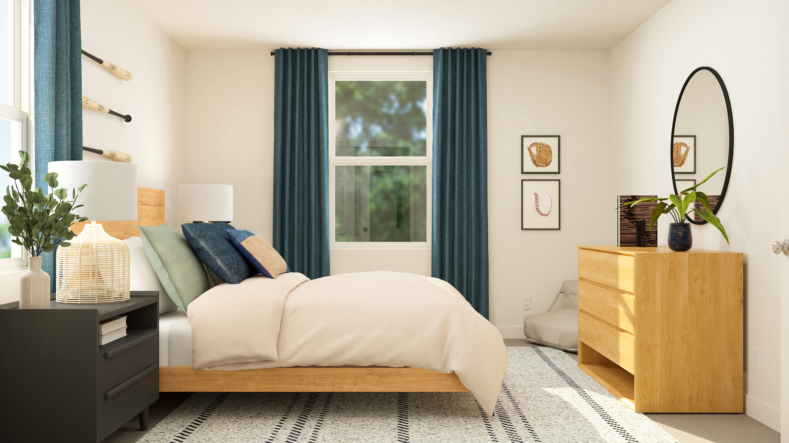 A living room with a couch and a mirror.