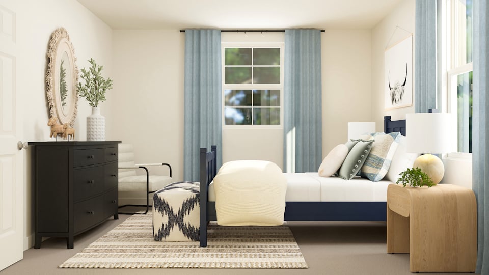 A room with a bed and a chair.