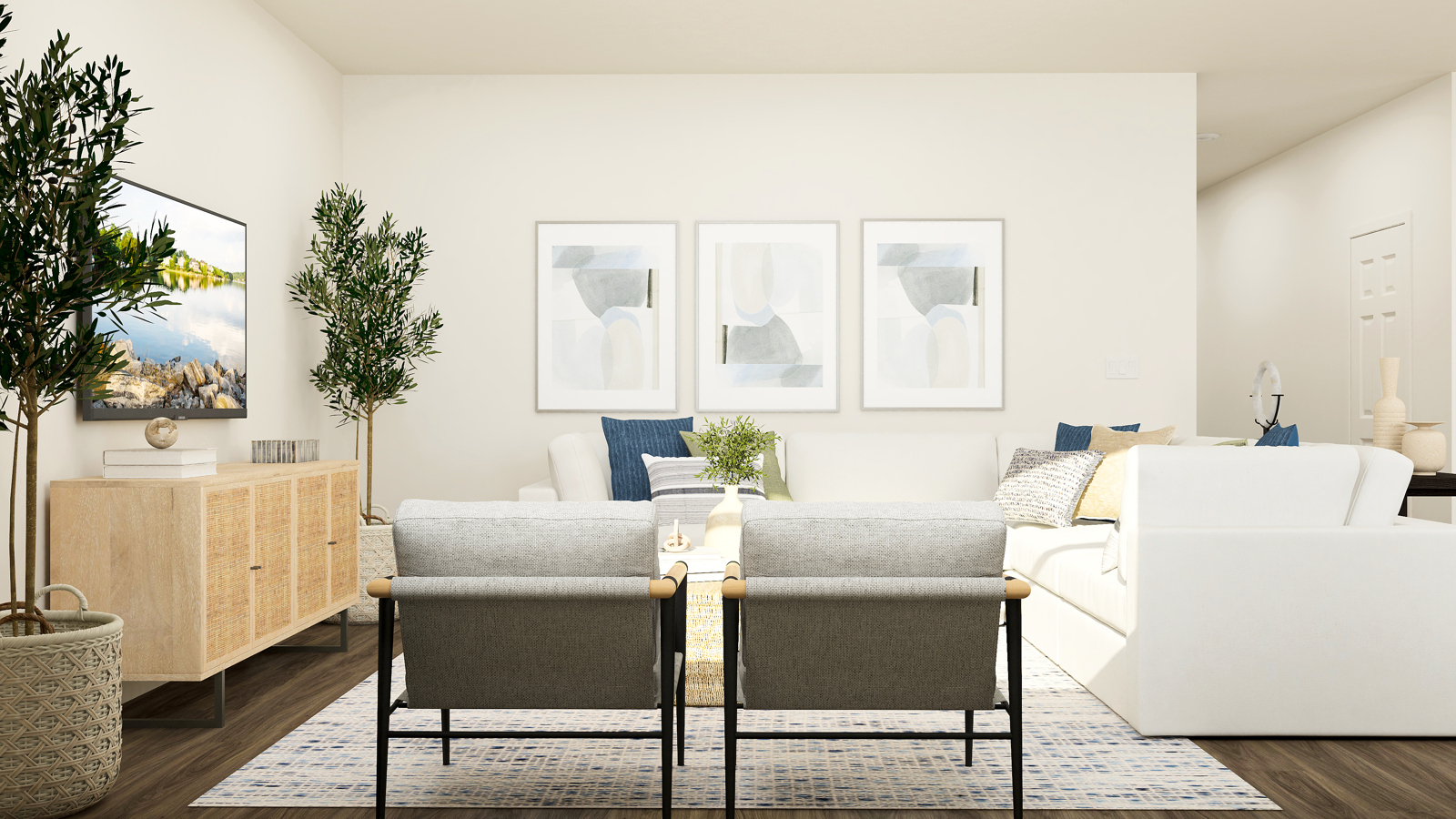 A living room with a couch and a table.