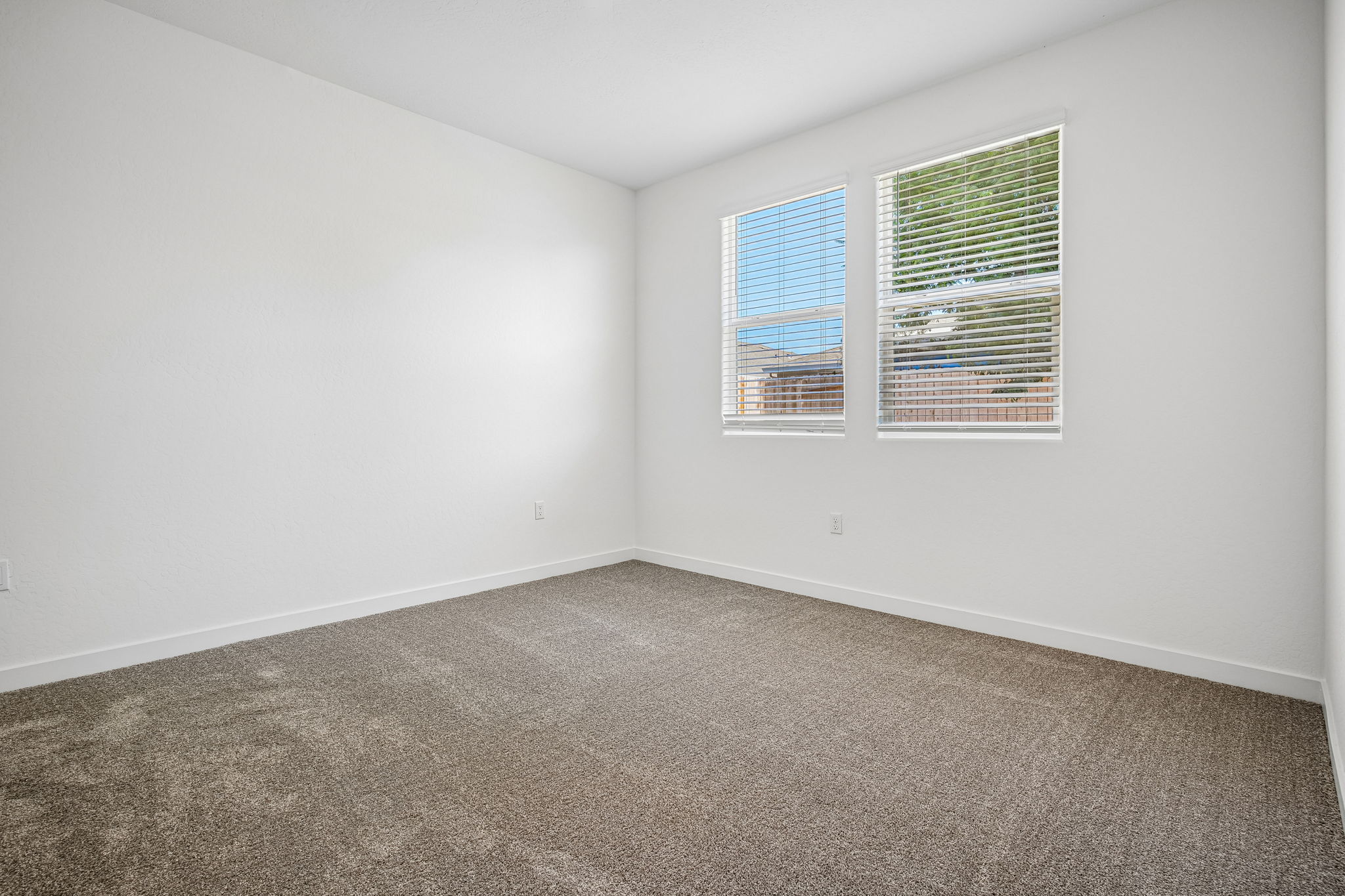 A room with a carpet and windows.