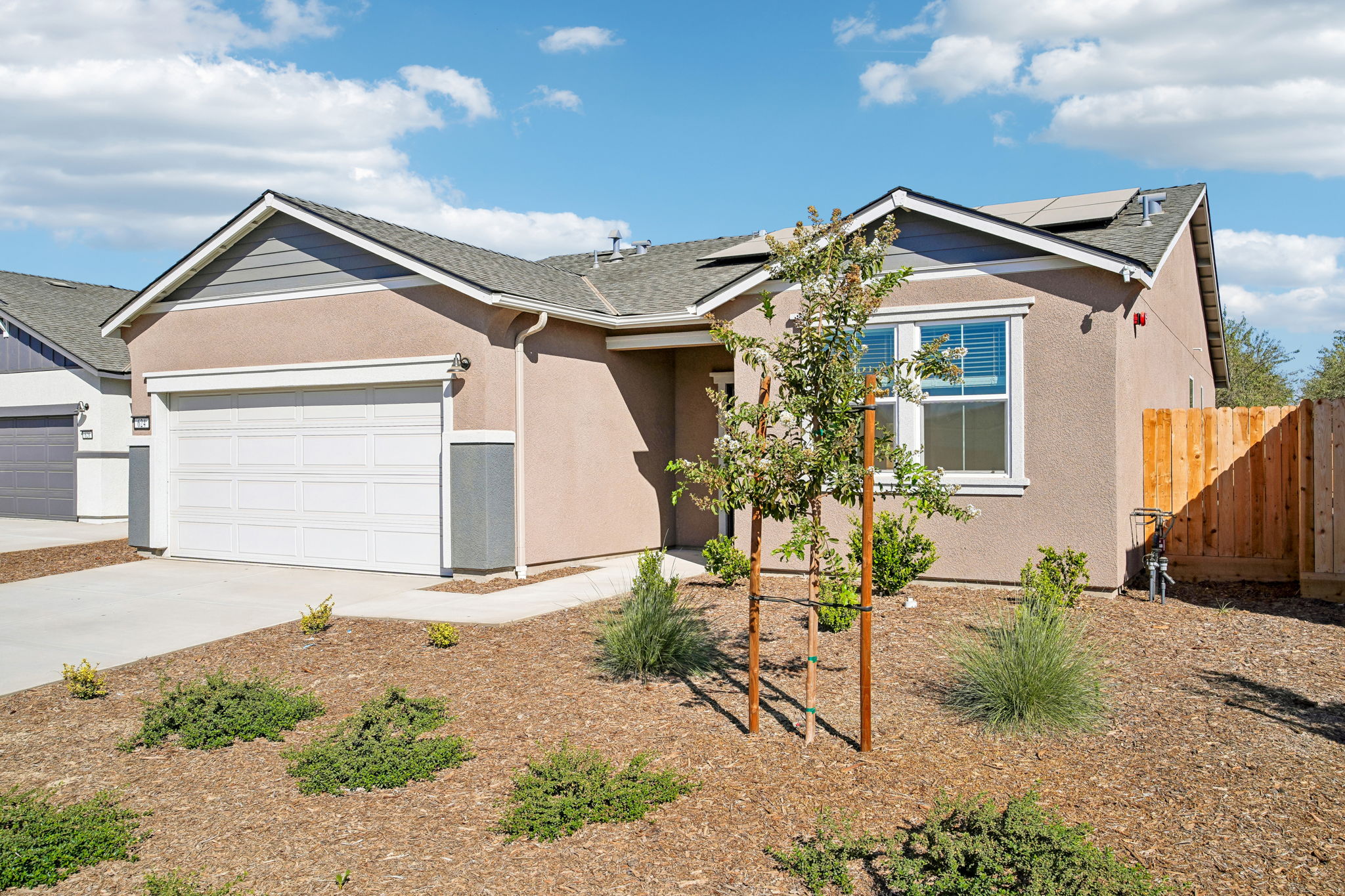 A house with a garage and a tree in the front.