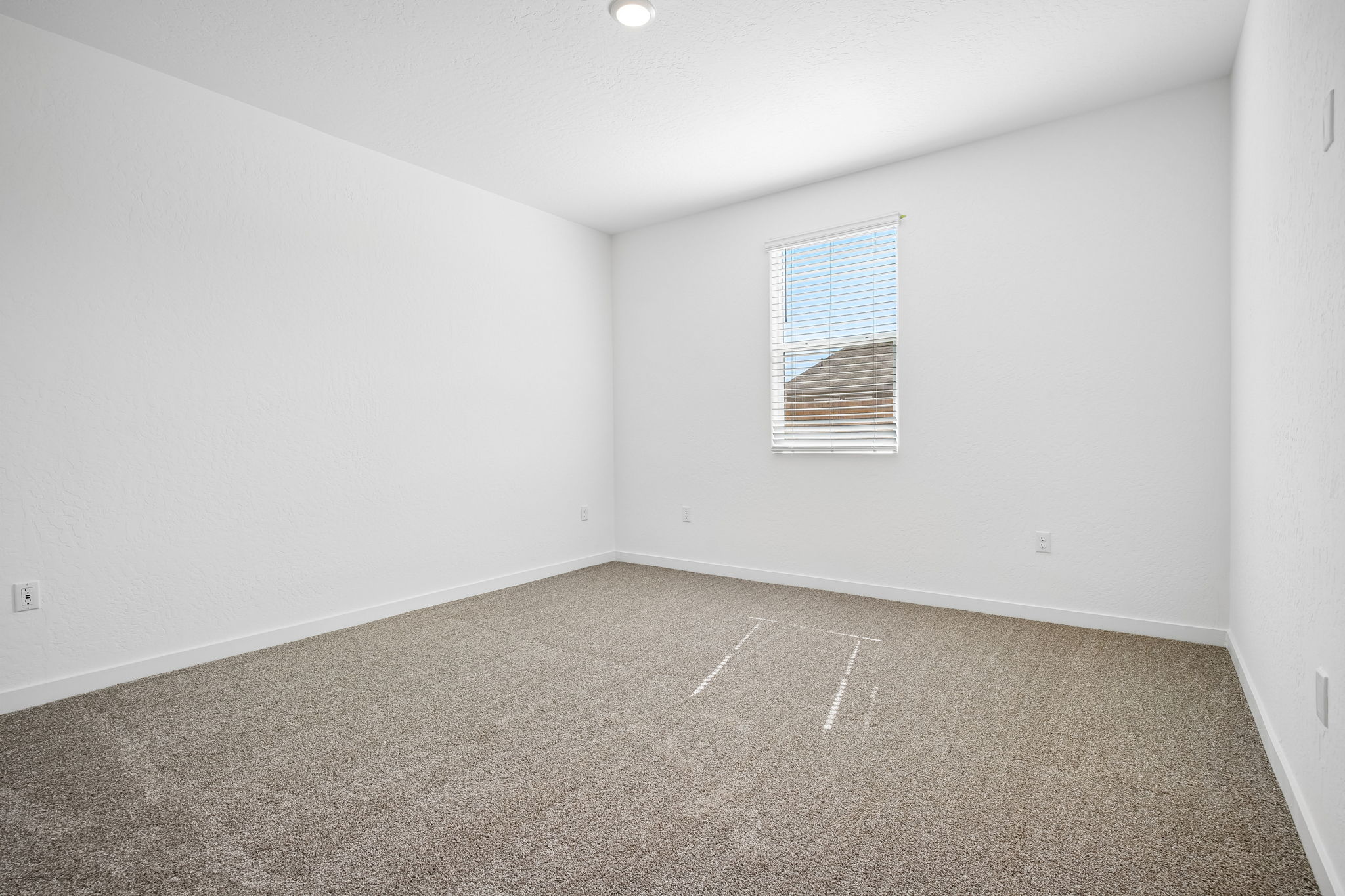 A room with a carpet and a window.