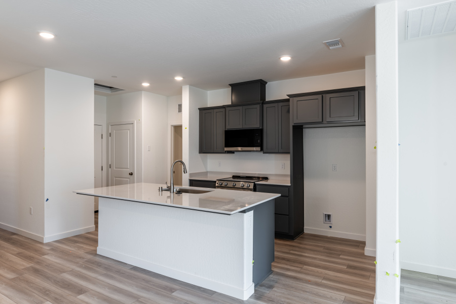 A kitchen with black cabinets.