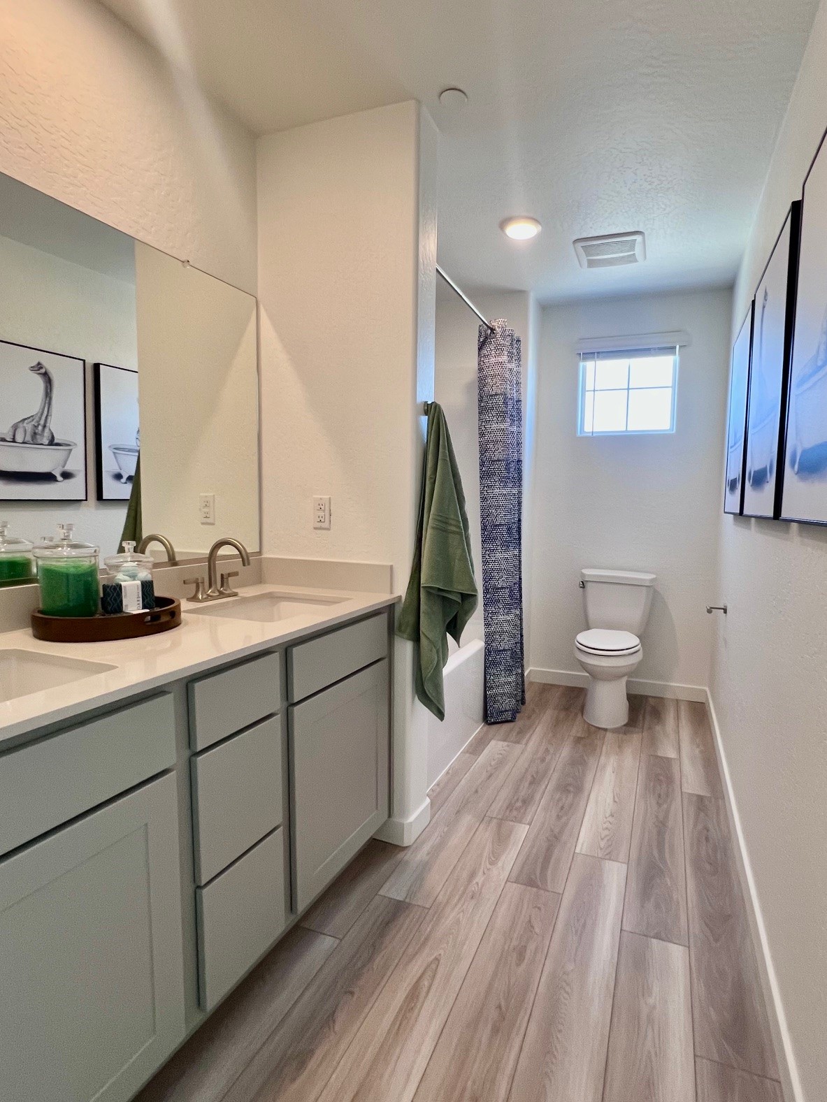 A bathroom with a wood floor.