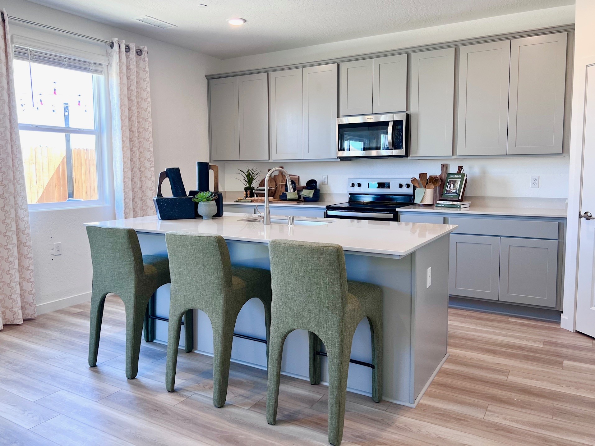 A kitchen with a large island.