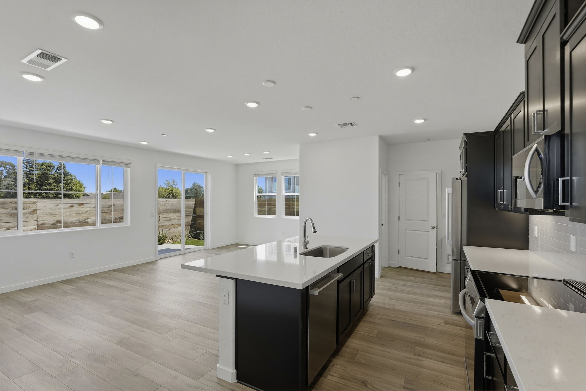 A kitchen with a large island.