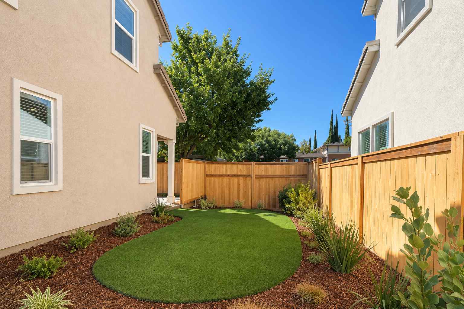 A backyard with a fence and a small garden.