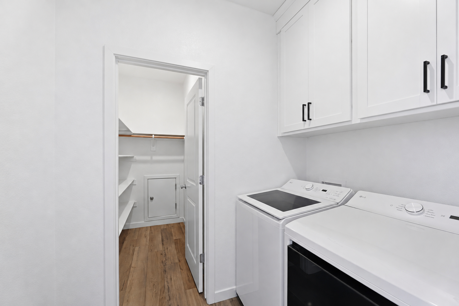 A kitchen with white cabinets.