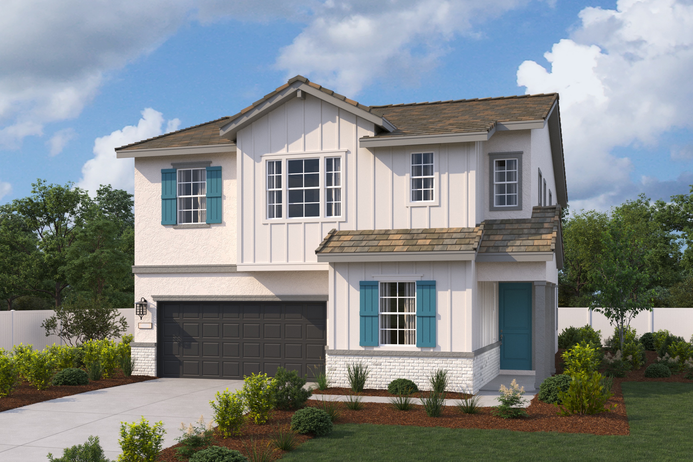 A white house with blue shutters.