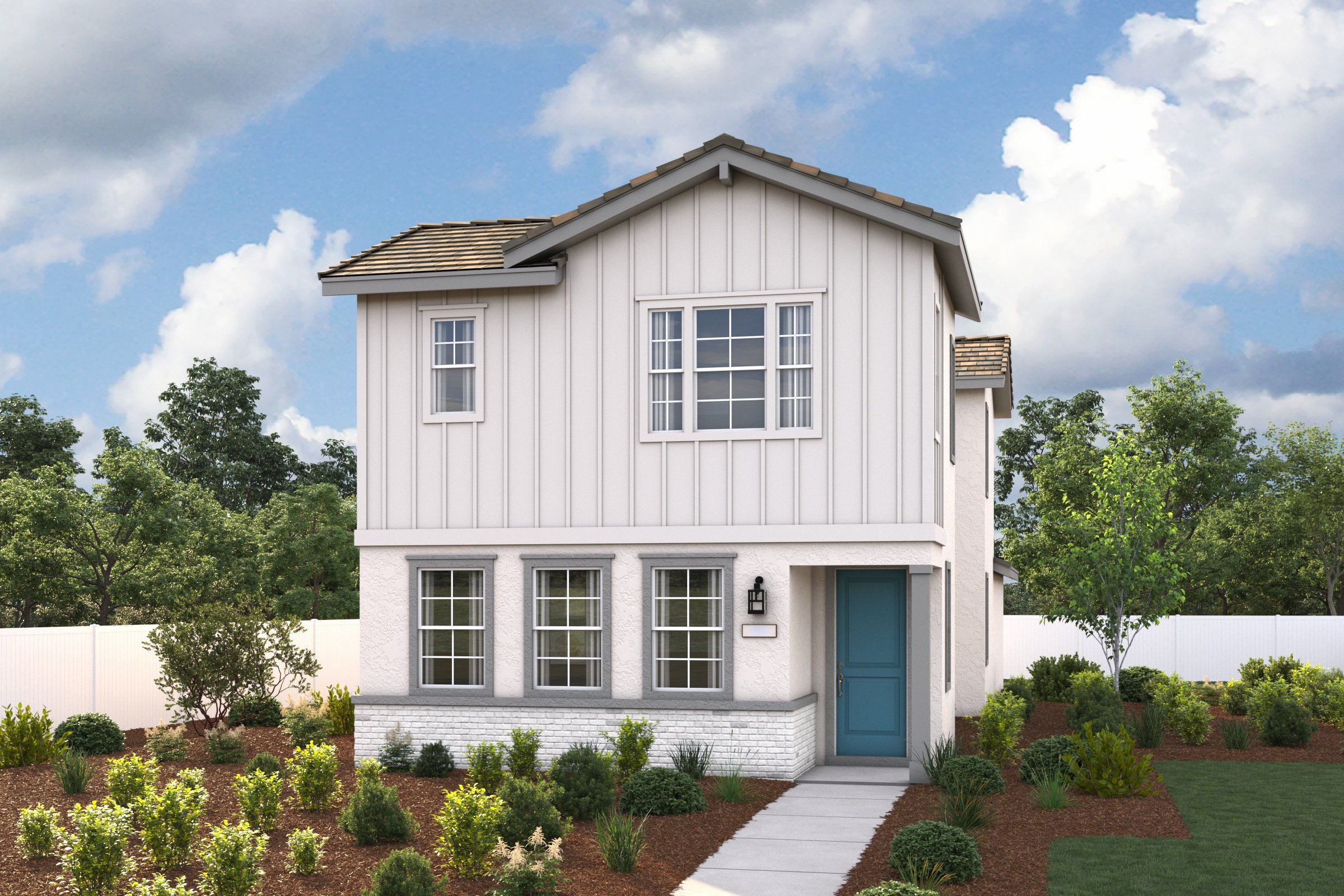 A white house with a blue door.