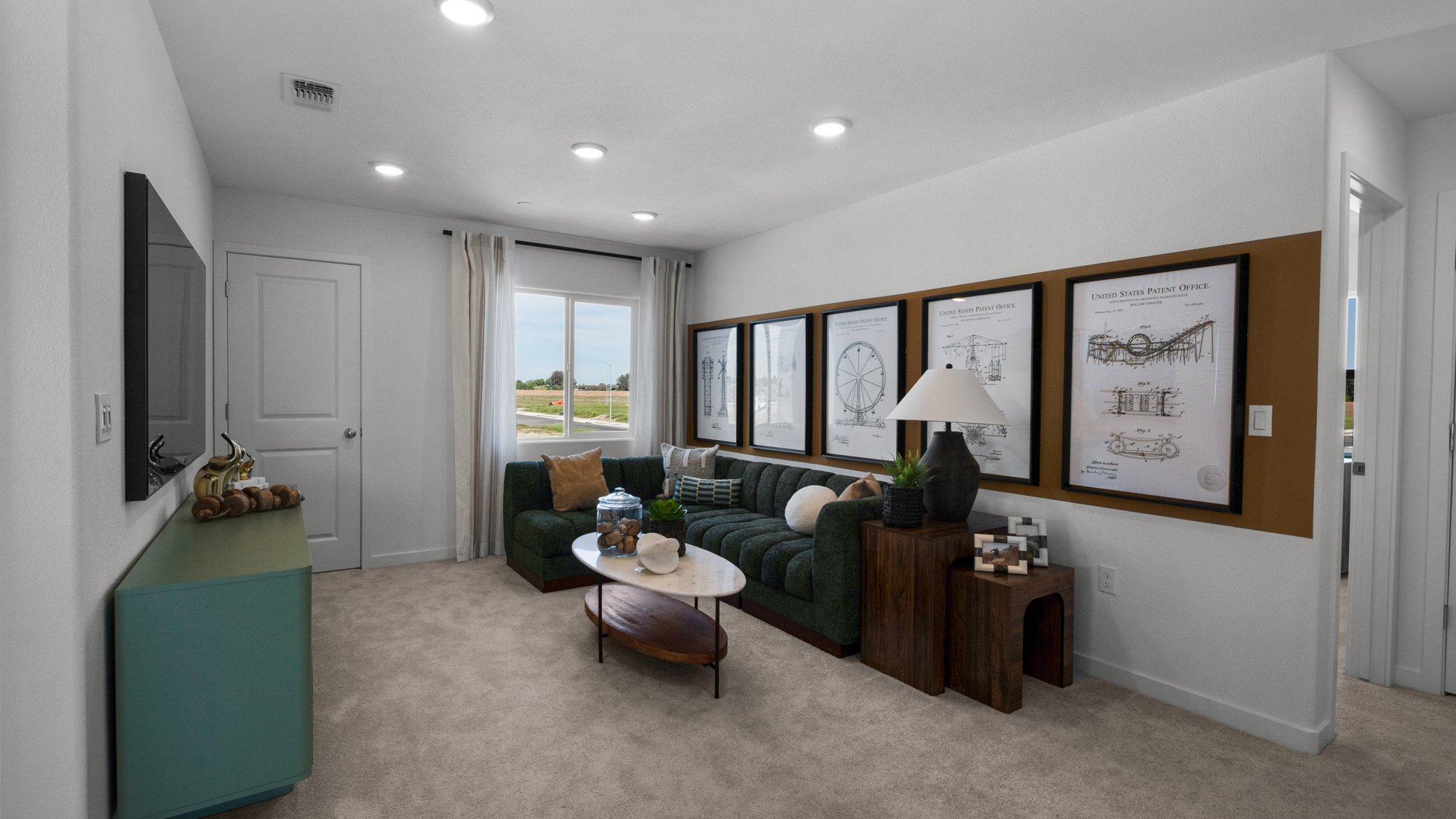 A living room with a couch and a coffee table.