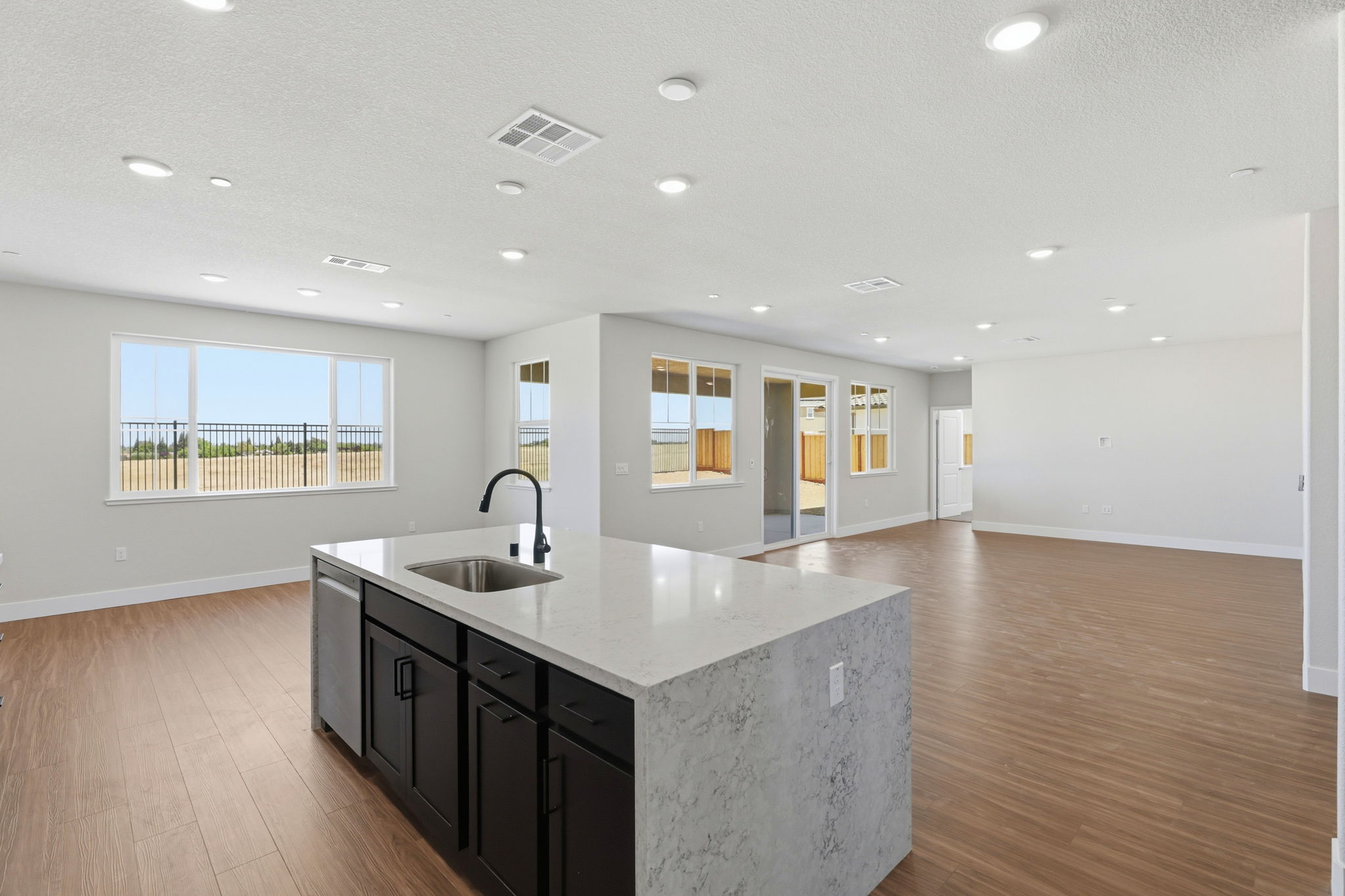 A kitchen with a large island.