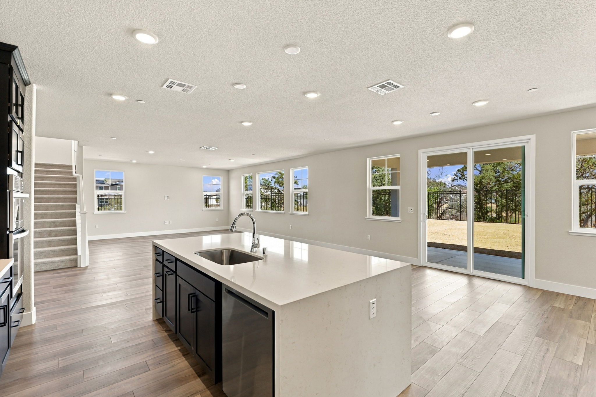 A kitchen with a large island.