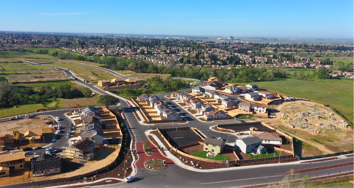 An aerial view of a town.
