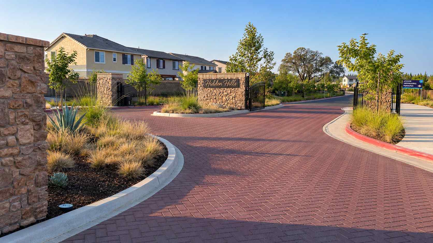 A brick driveway leading to a house.