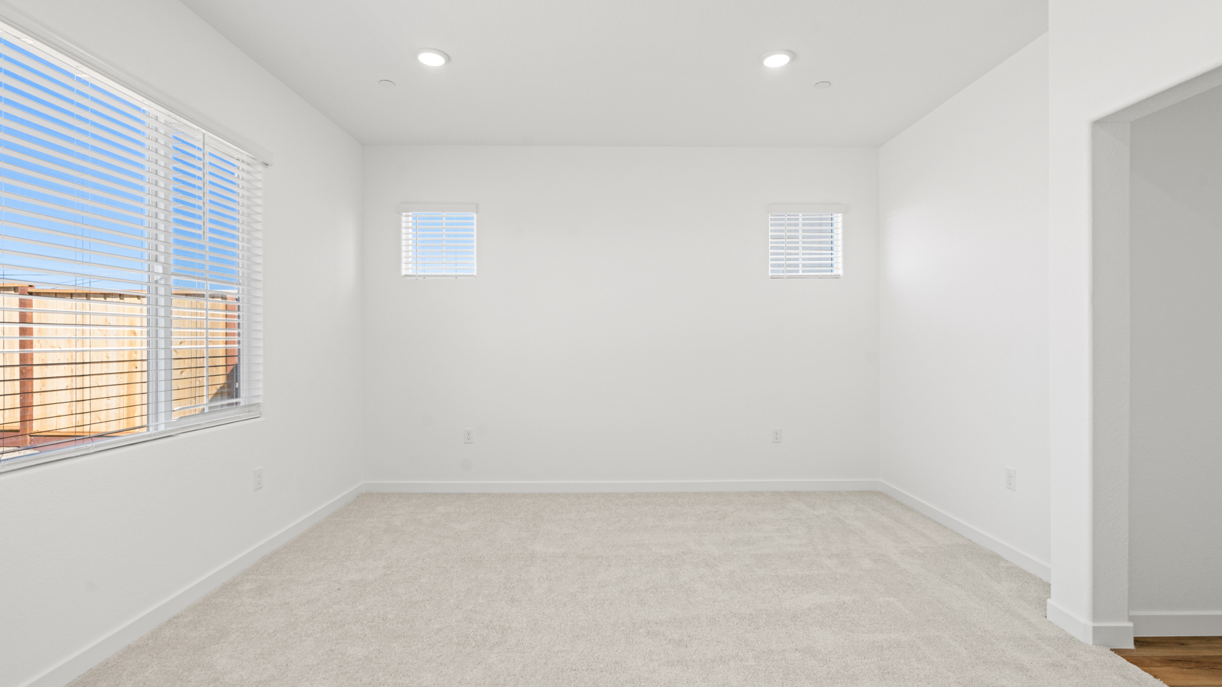 A room with a white carpet and windows.