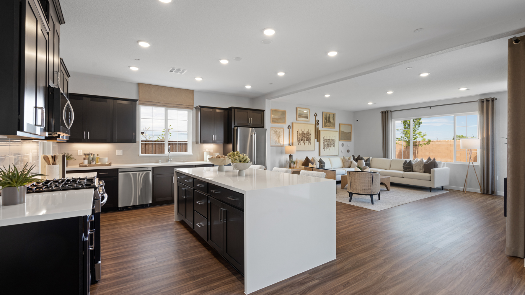 A kitchen with a large island.